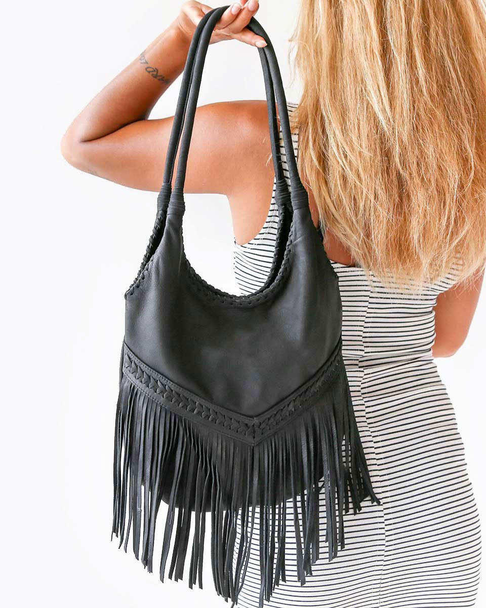 Black Leather Bag with Fringes