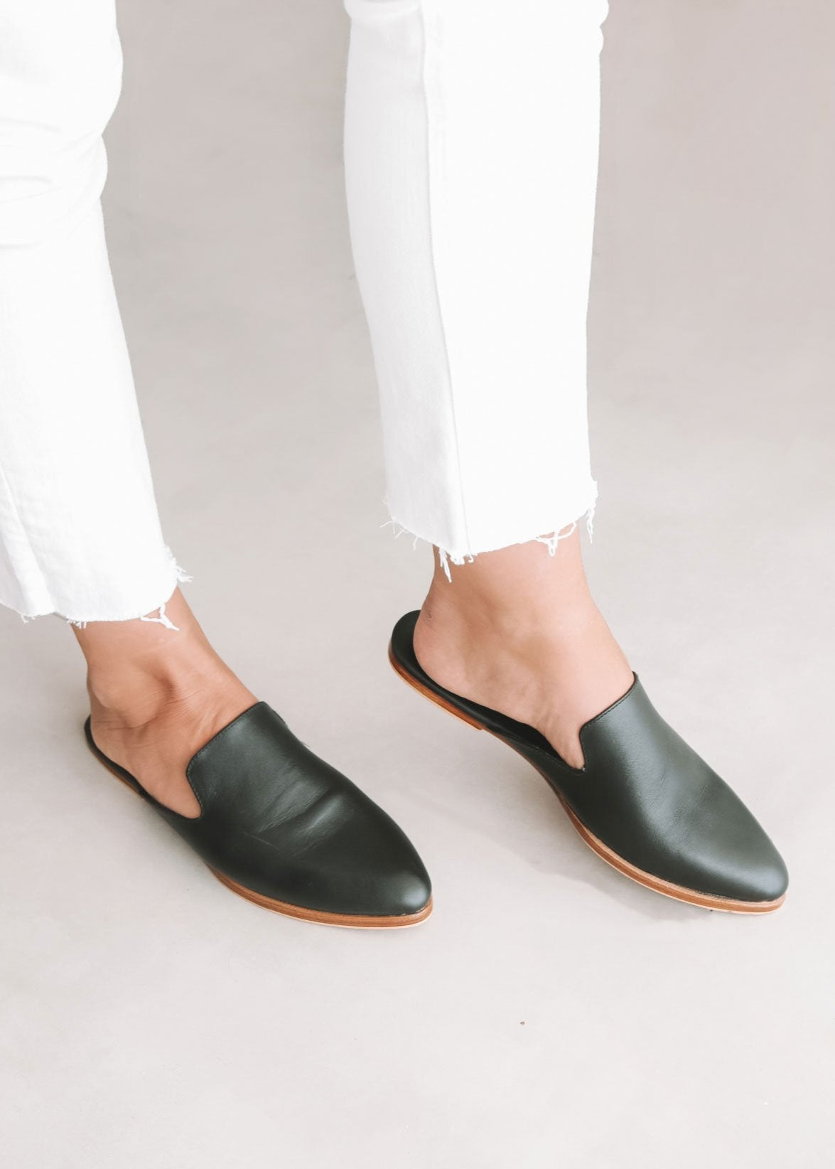 Womens Leather Mules - Flat Slides in Black Womens Leather Mules - Flat Slides in Black