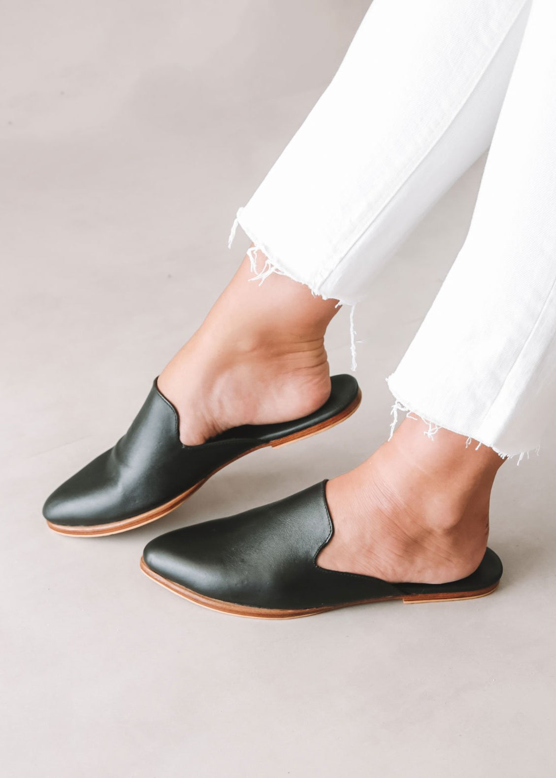 Womens Leather Mules - Flat Slides in Black Womens Leather Mules - Flat Slides in Black